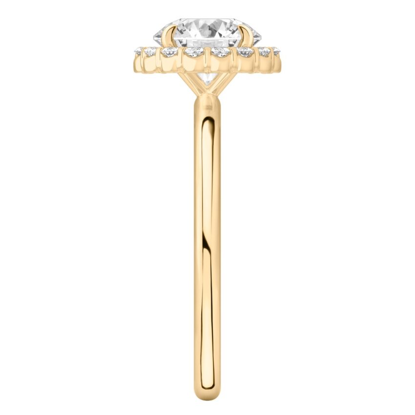 Side view of round cut diamond floral halo engagement ring in yellow gold