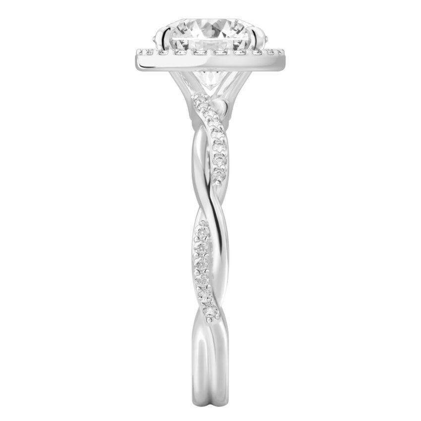 Side view of round cut diamond twist halo engagement ring in palladium
