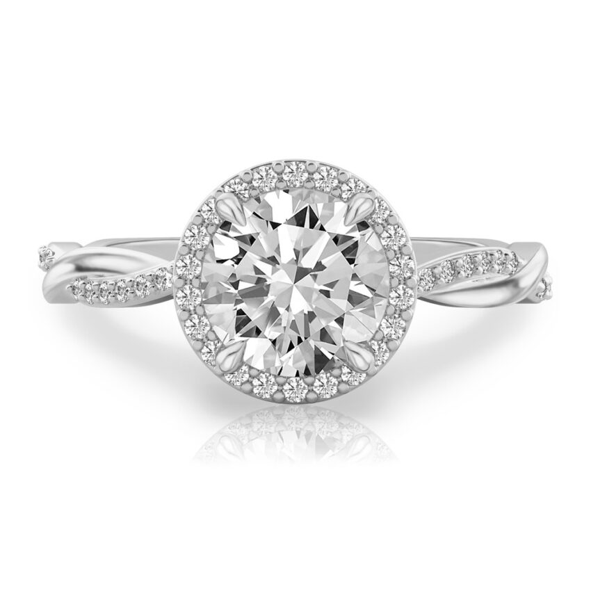 round cut diamond twist halo engagement ring in platinum