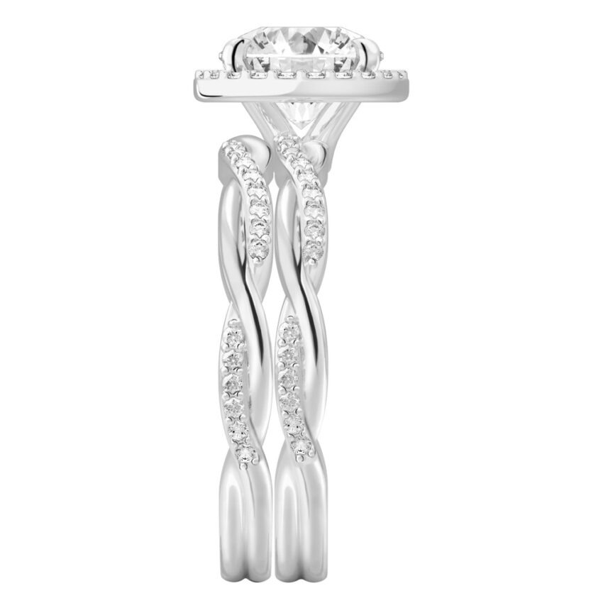 Side view of round cut diamond twist halo engagement ring set platinum