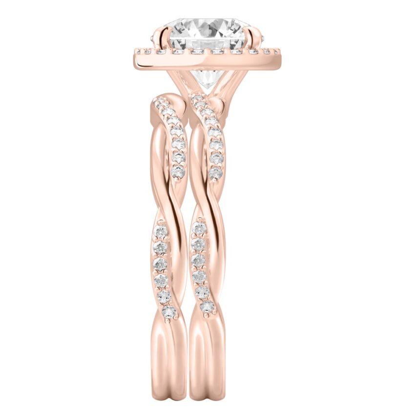 Side view of round cut diamond twist halo engagement ring set rose gold
