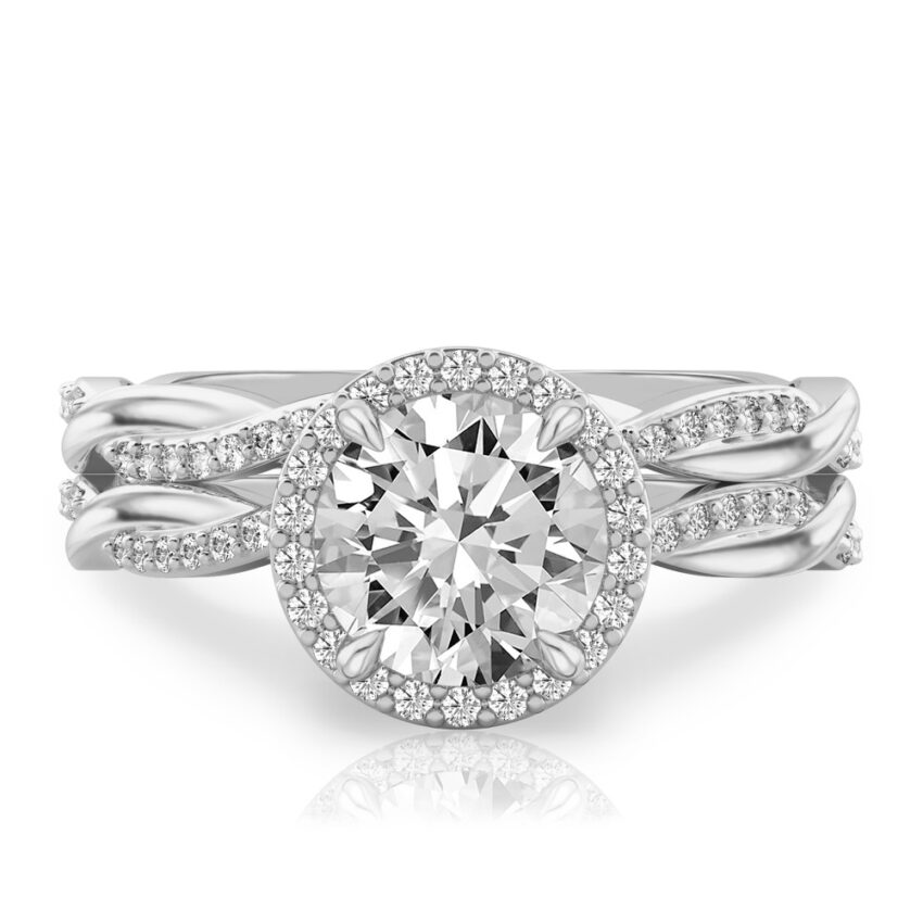round cut diamond twist halo engagement ring set white gold