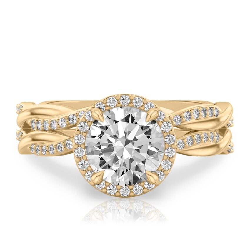 round cut diamond twist halo engagement ring set yellow gold