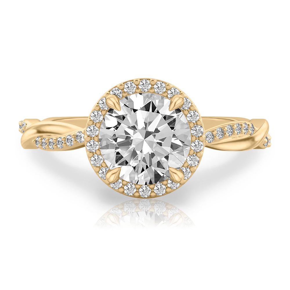 round cut diamond twist halo engagement ring in yellow gold