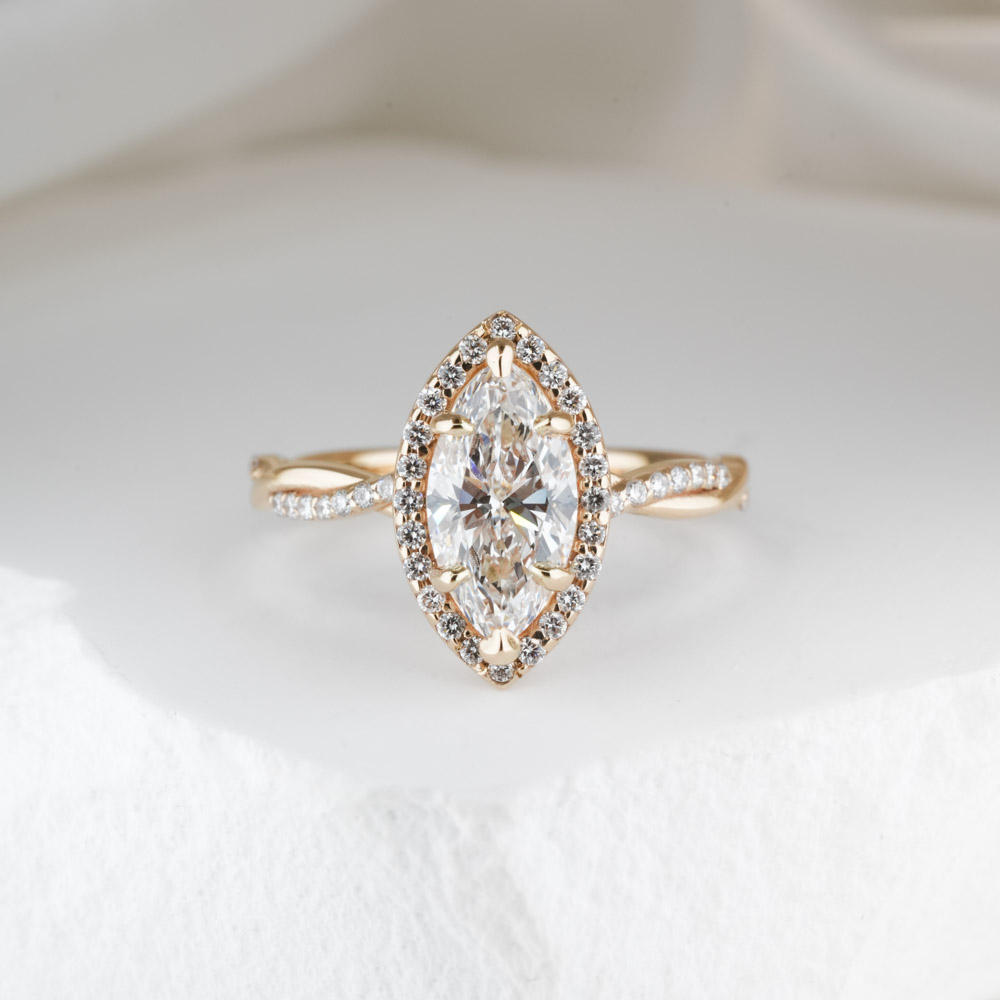 do amore marquise twist halo engagement ring yellow gold diamond
