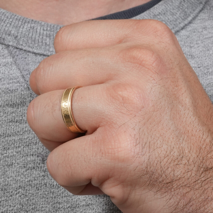 hammered milgrain wedding band in lifestyle