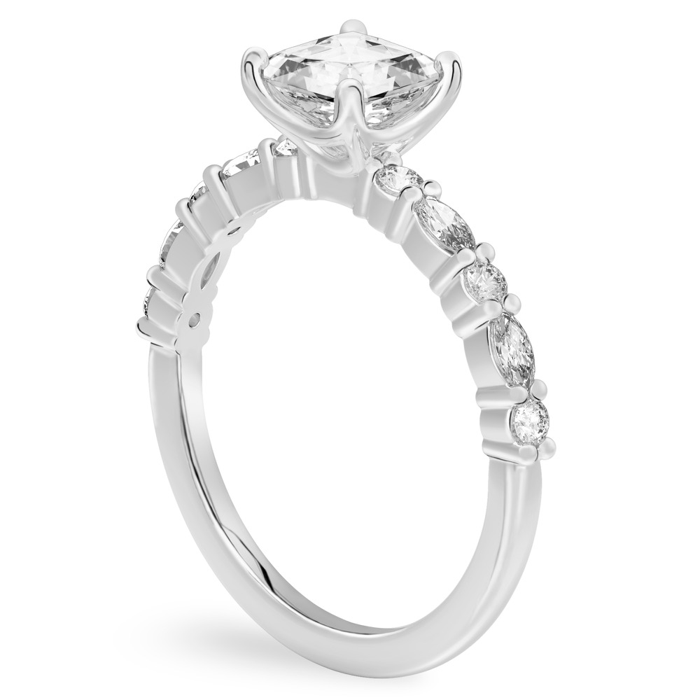 Angle view of asscher cut diamond marquise and round diamond ring palladium