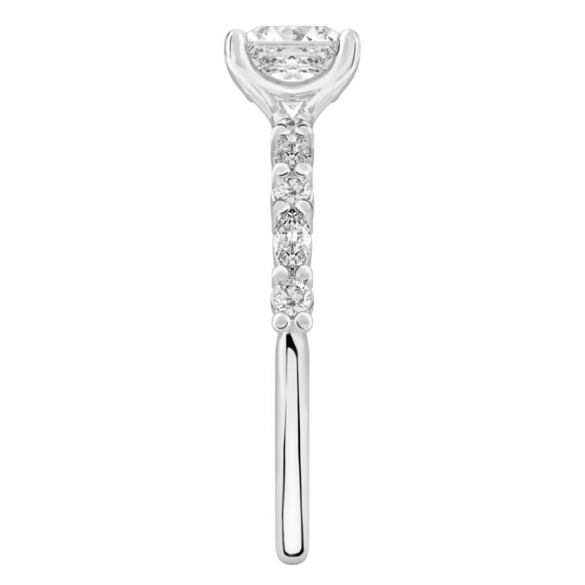 Side view of asscher cut diamond marquise and round diamond ring palladium