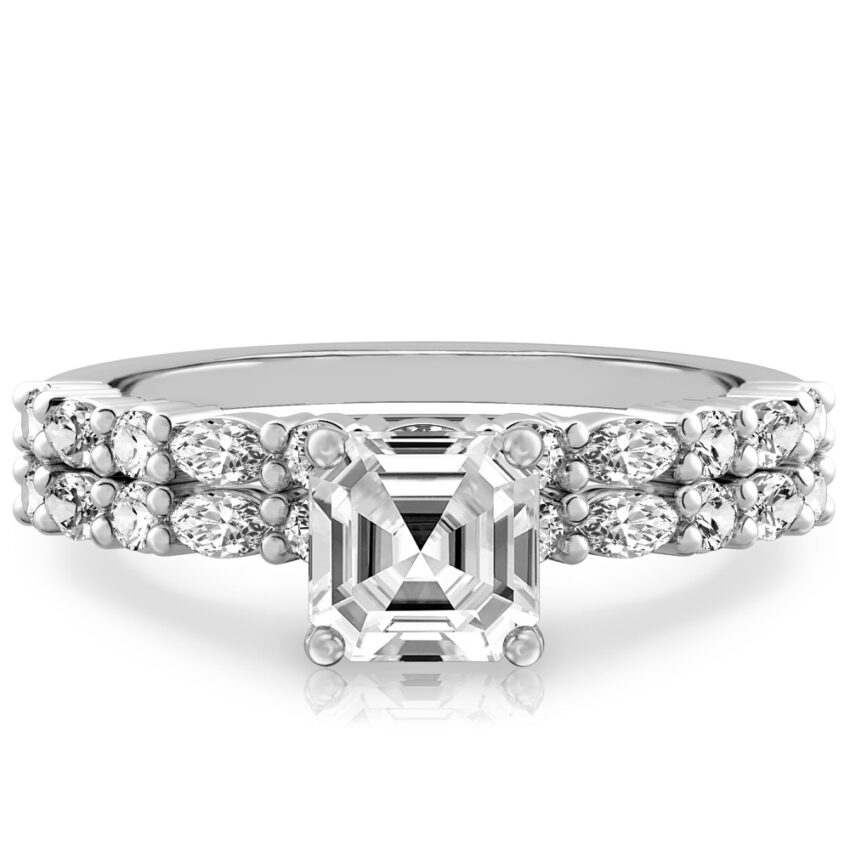 asscher cut diamond marquise and round diamond ring set palladium