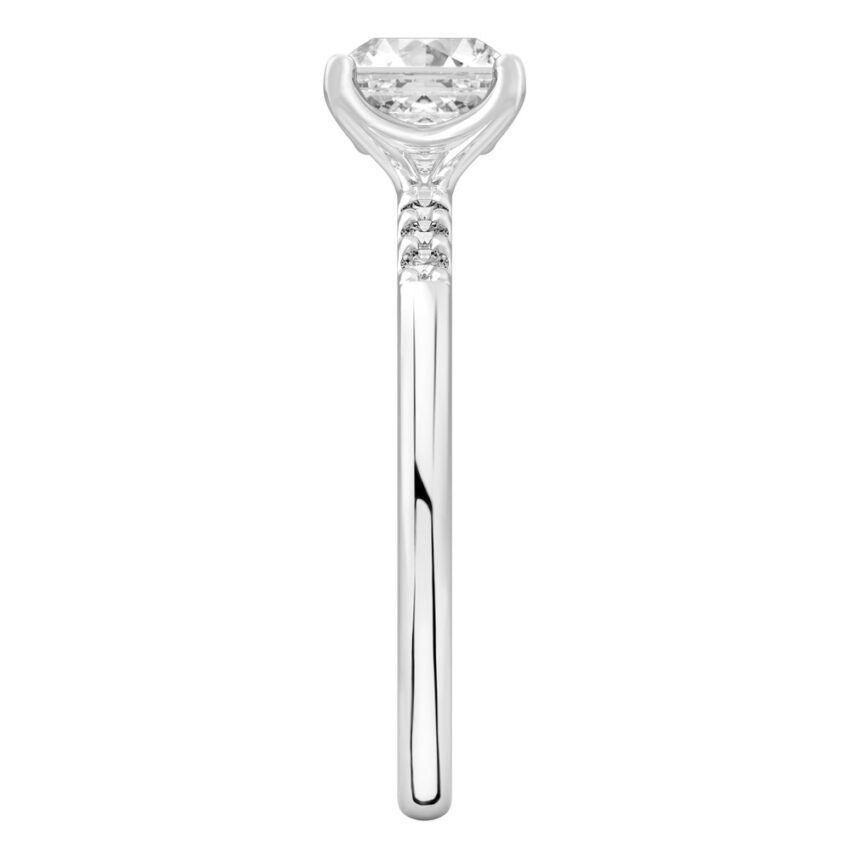 Side view of asscher cut diamond minimalist pave engagement ring in palladium