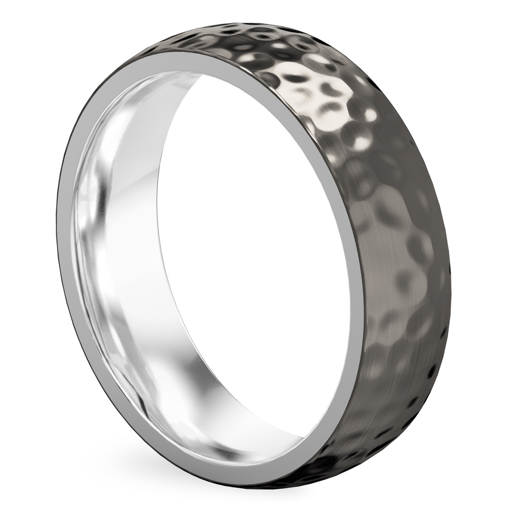 Angle view of black wedding ring in platinum