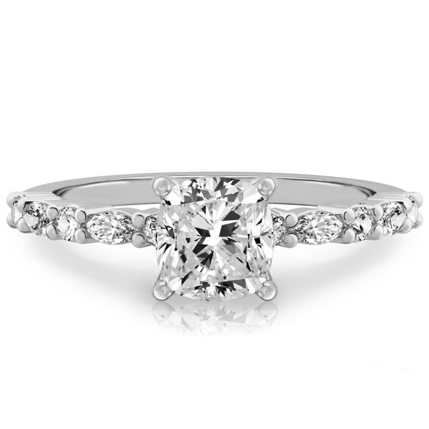 cushion cut diamond marquise and round diamond ring palladium