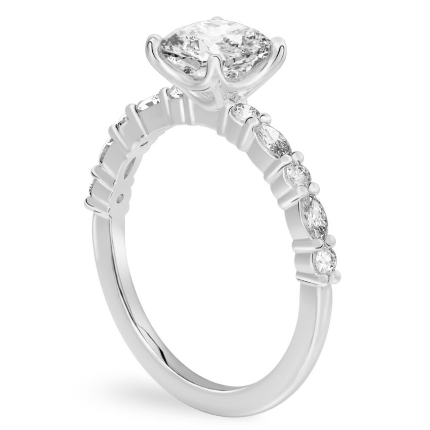 Angle view of cushion cut diamond marquise and round diamond ring palladium