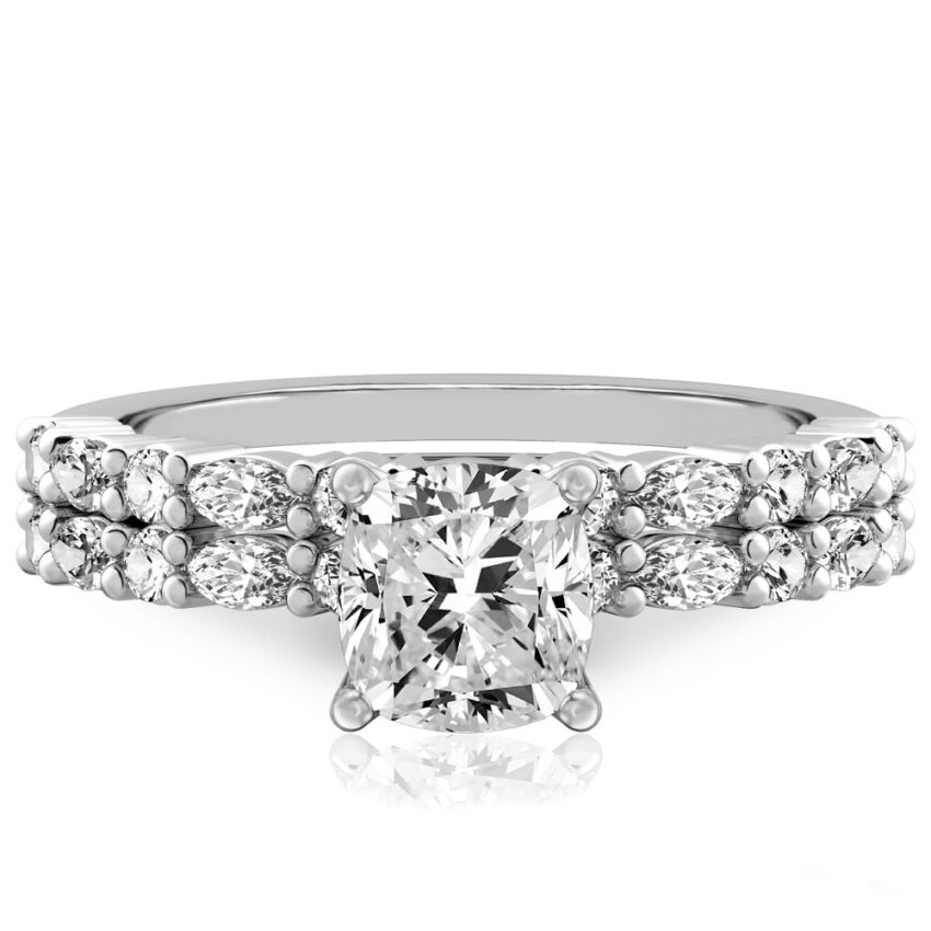 cushion cut diamond marquise and round diamond ring set palladium