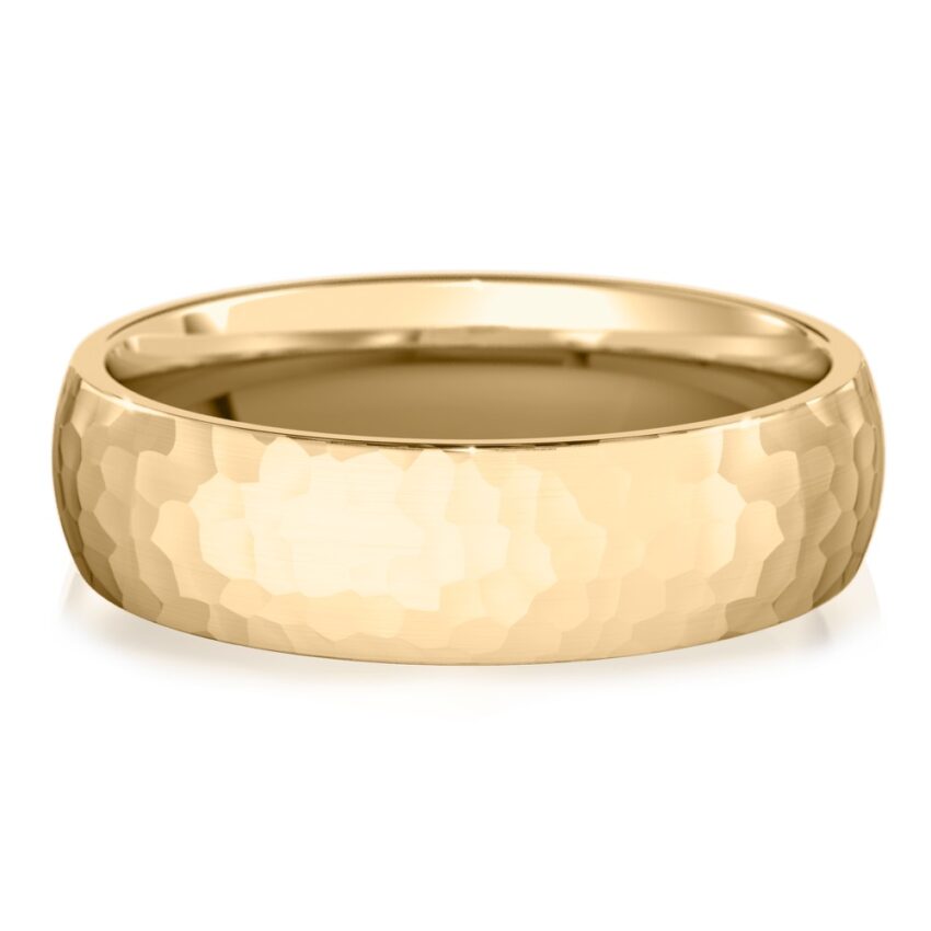 domed hammered wedding band in yellow gold