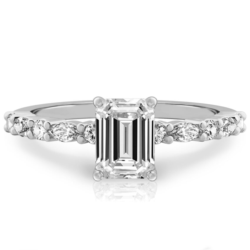 emerald cut diamond marquise and round diamond ring palladium