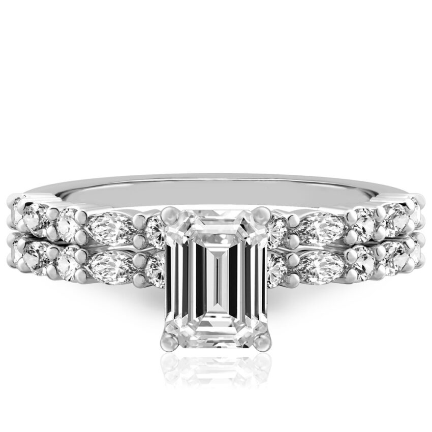emerald cut diamond marquise and round diamond ring set palladium