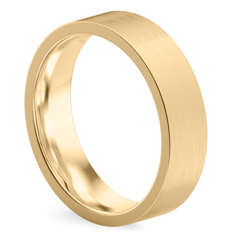 Angle view of flat matte band yellow gold