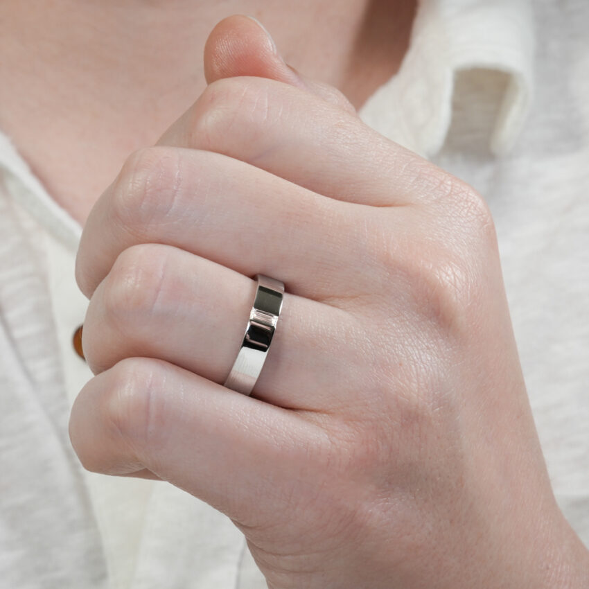 flush baguette wedding band in lifestyle