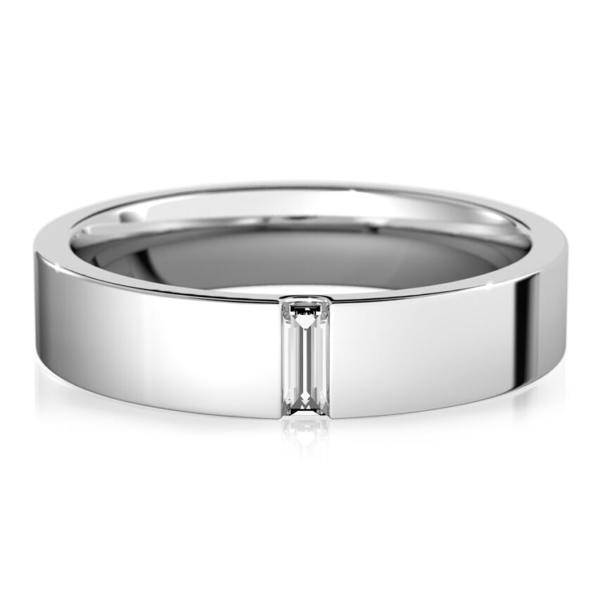 flush baguette wedding band in palladium
