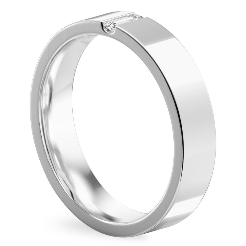 Angle view of flush baguette wedding band in palladium