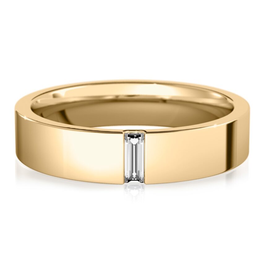 flush baguette wedding band in yellow gold