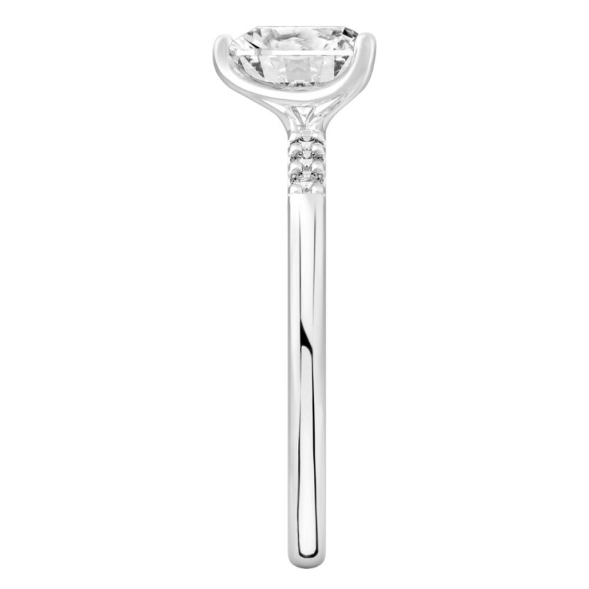Side view of heart shape diamond minimalist pave engagement ring in palladium
