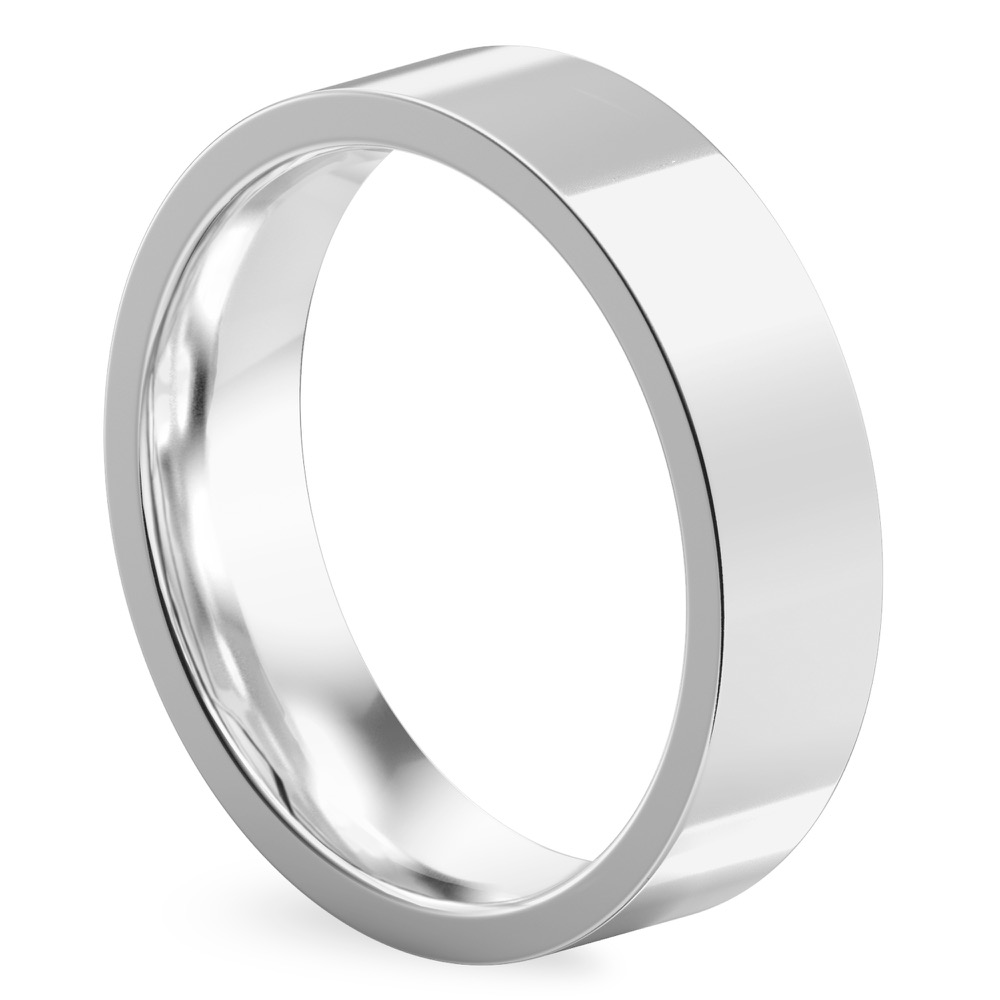 Angle view of high polish flat wedding band in platinum
