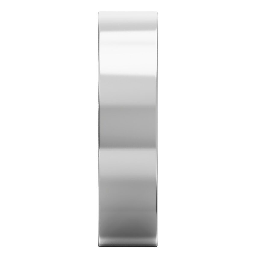Side view of high polish flat wedding band in platinum