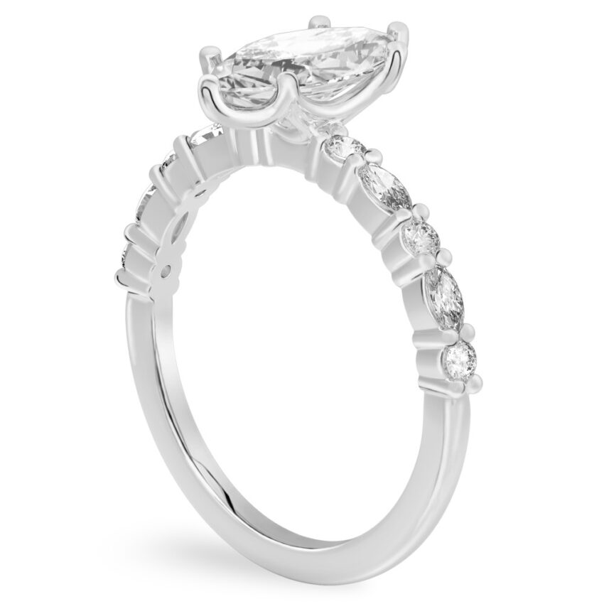 Angle view of marquise cut diamond marquise and round diamond ring palladium