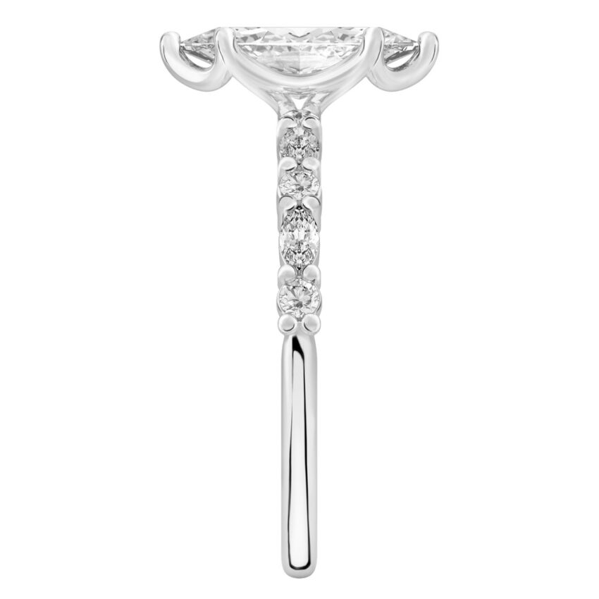 Side view of marquise cut diamond marquise and round diamond ring palladium