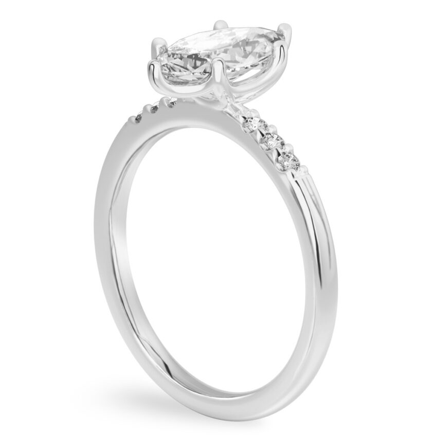 Angle view of marquise cut diamond minimalist pave engagement ring in palladium
