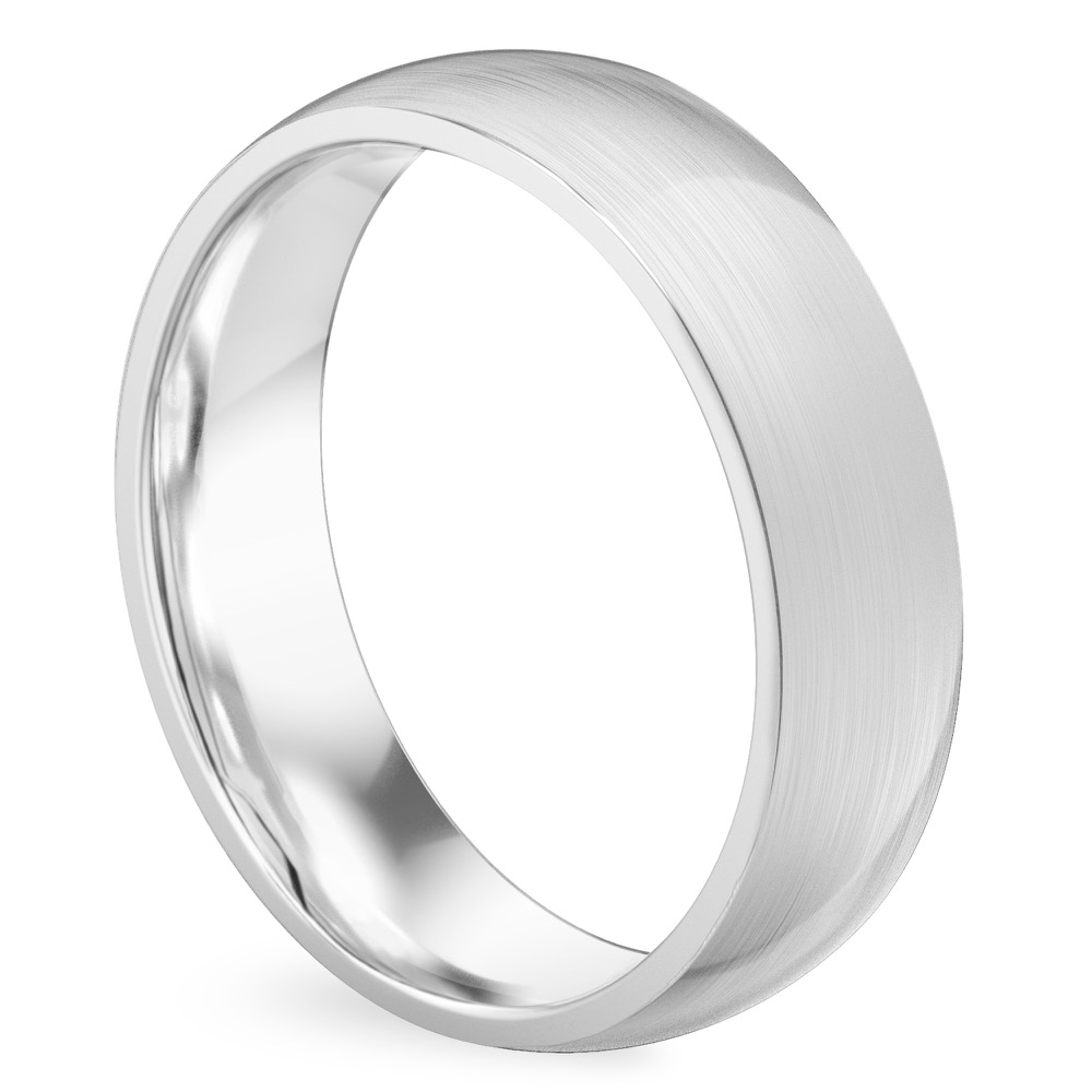 Angle view of matte wedding band in platinum