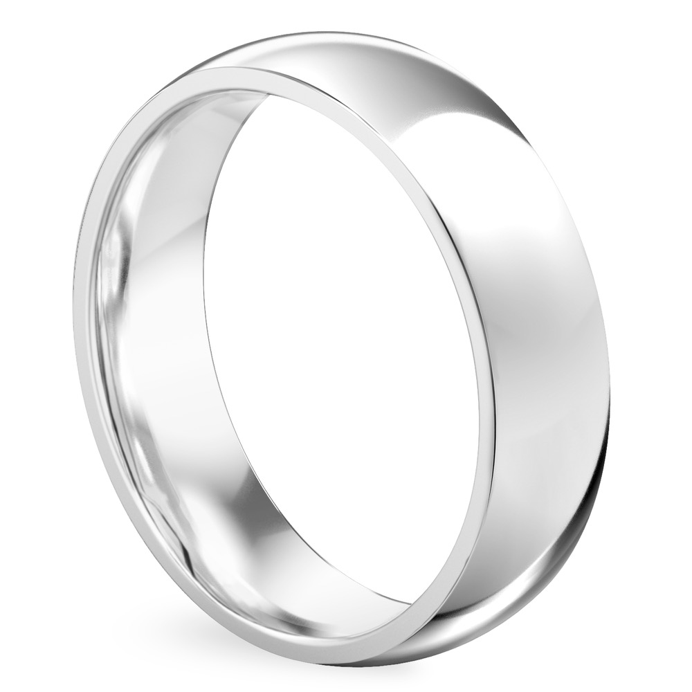 Angle view of mens comfort fit wedding band in platinum