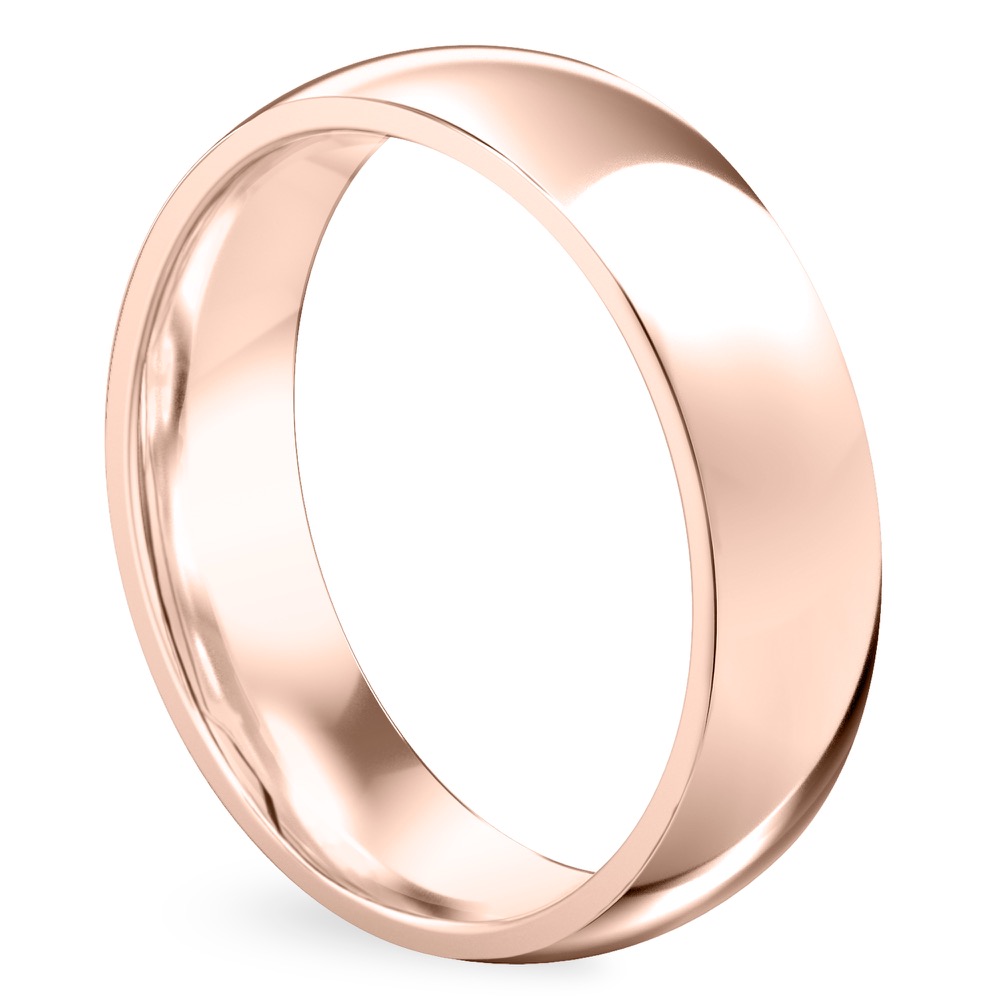 Angle view of mens comfort fit wedding band in rose gold