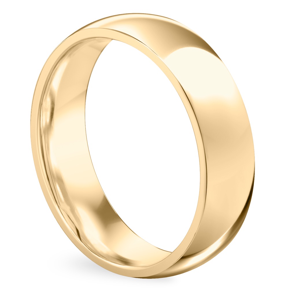 Angle view of mens comfort fit wedding band in yellow gold