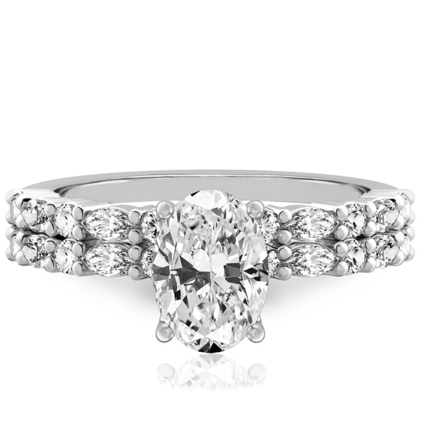 oval cut diamond marquise and round diamond ring set palladium