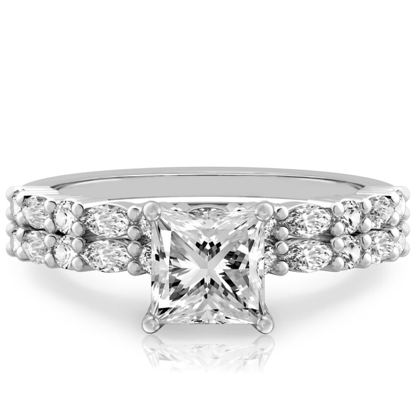 princess cut diamond marquise and round diamond ring set palladium