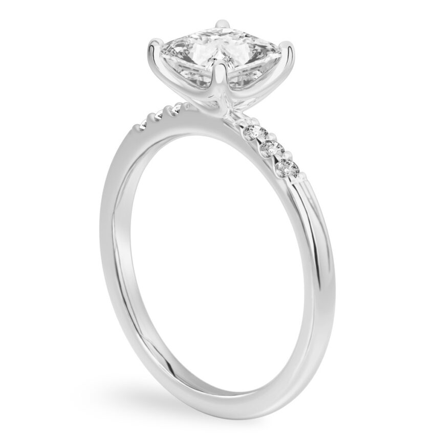 Angle view of princess cut diamond minimalist pave engagement ring in palladium