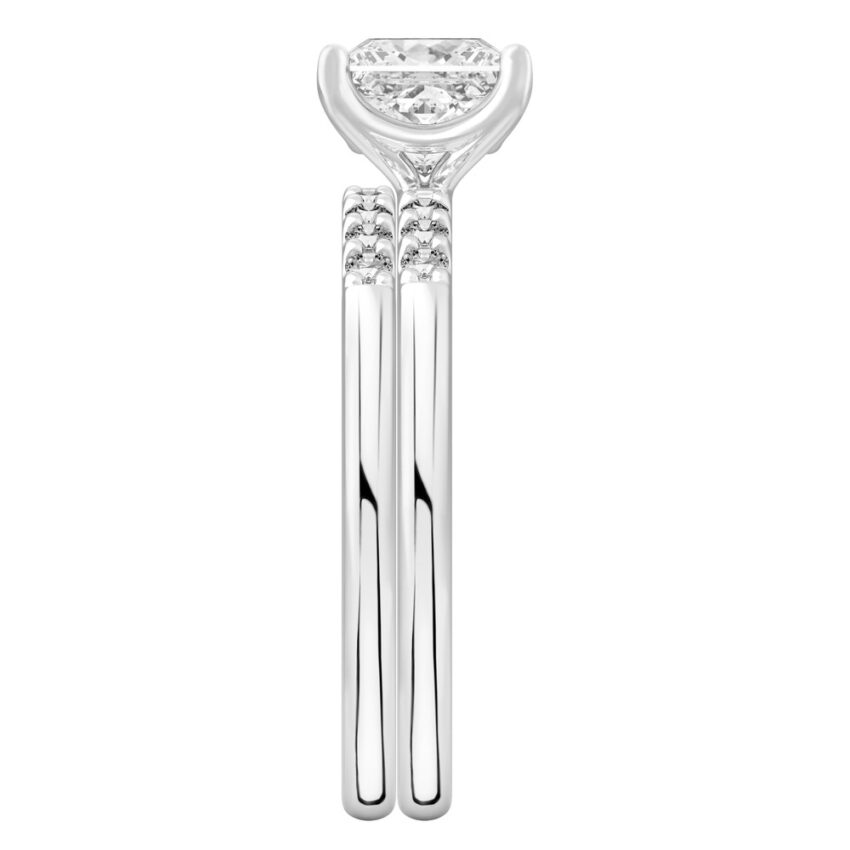 Side view of princess cut diamond minimalist pave engagement ring set palladium