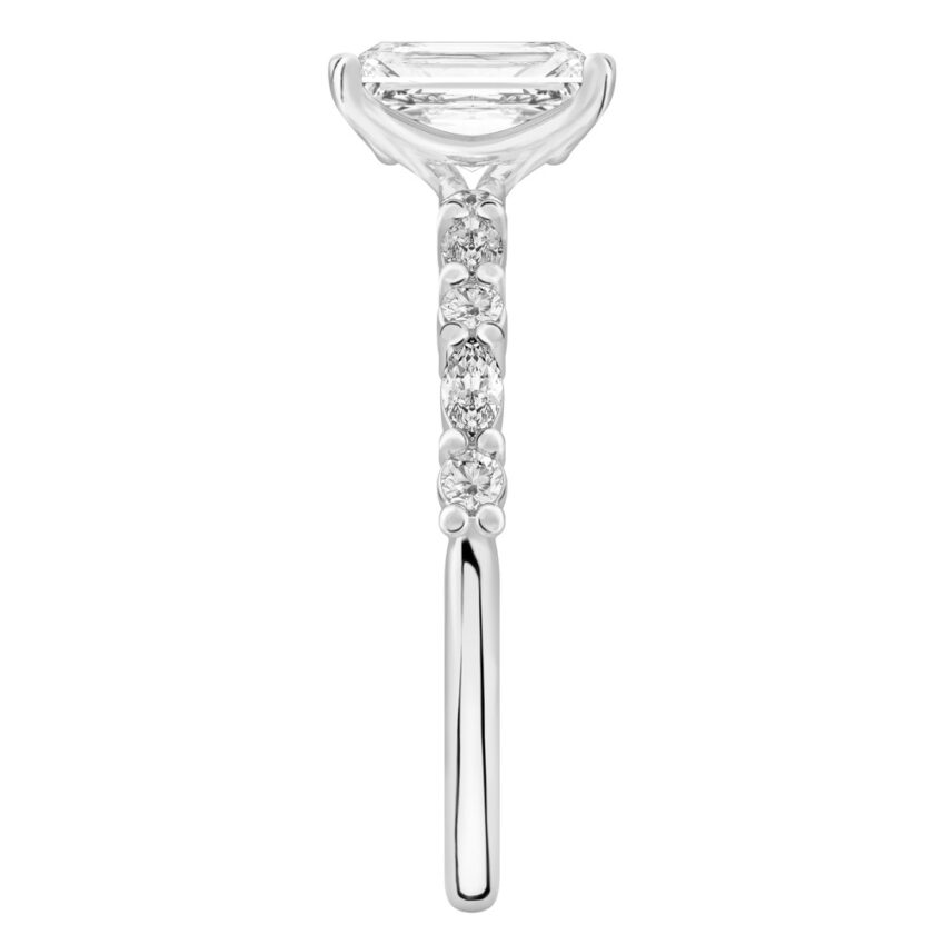 Side view of radiant cut diamond marquise and round diamond ring palladium