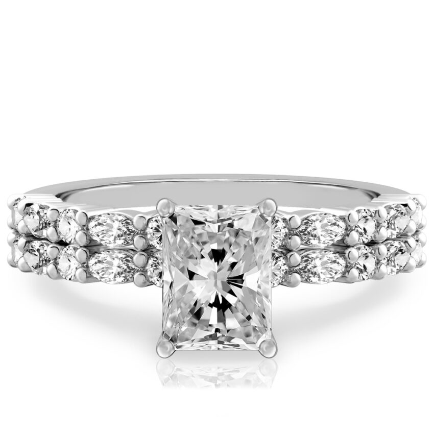 radiant cut diamond marquise and round diamond ring set palladium