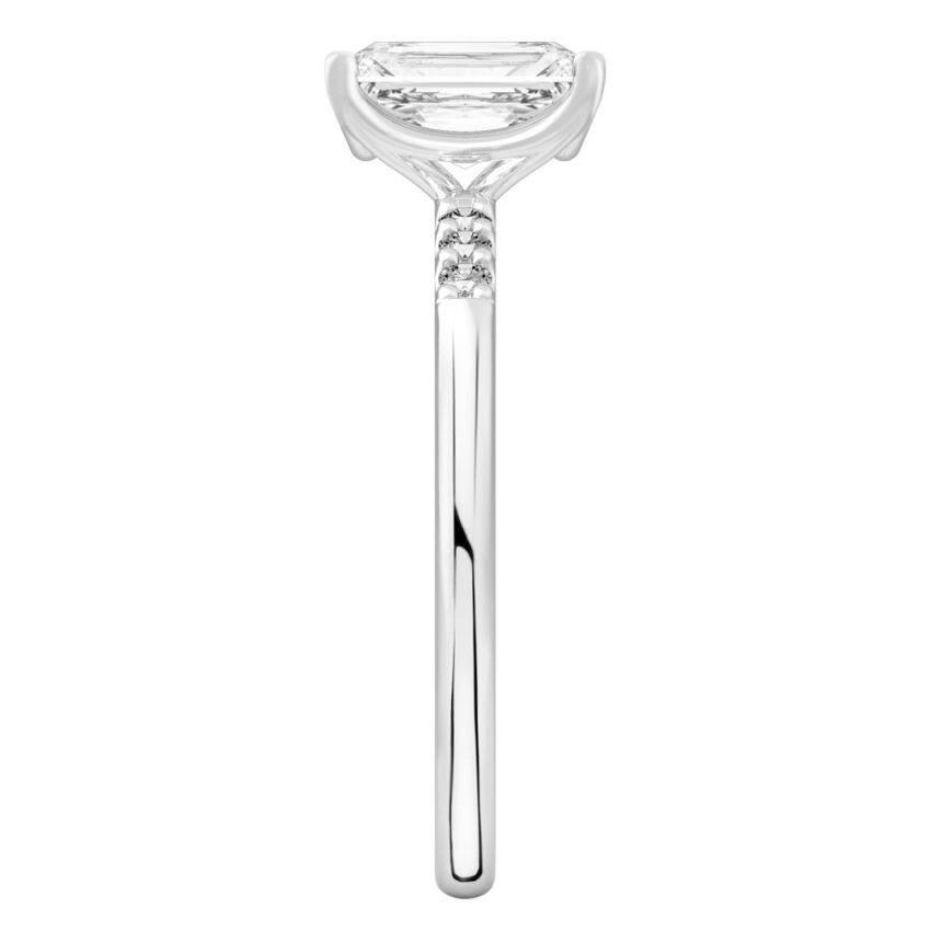 Side view of radiant cut diamond minimalist pave engagement ring in palladium