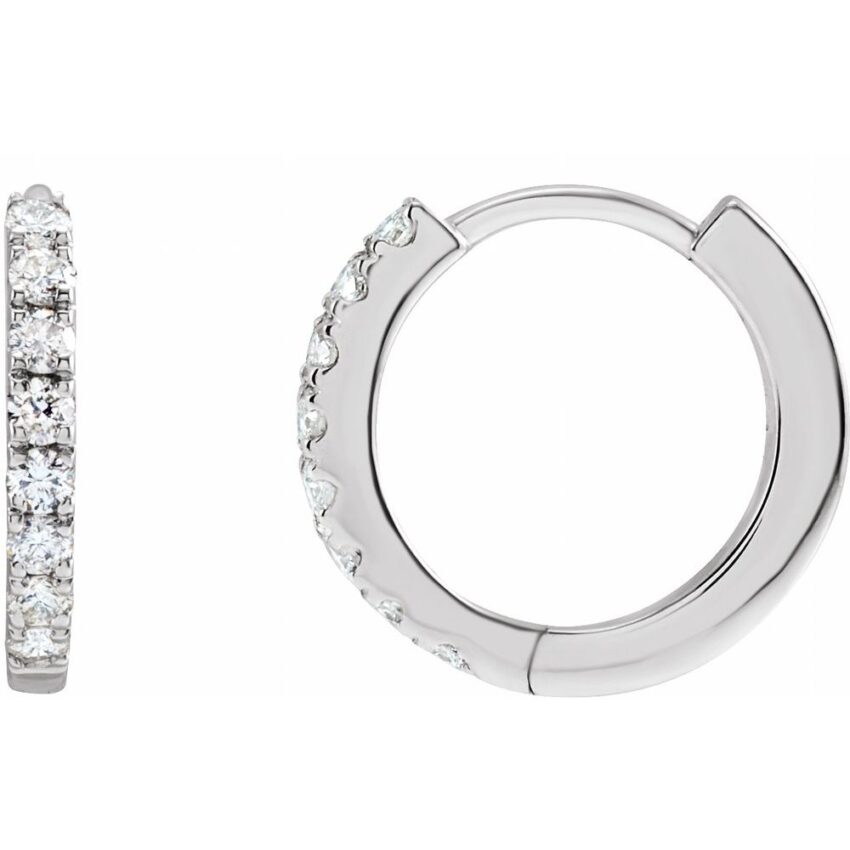 Angle view of 12mm diamond huggie earrings platinum