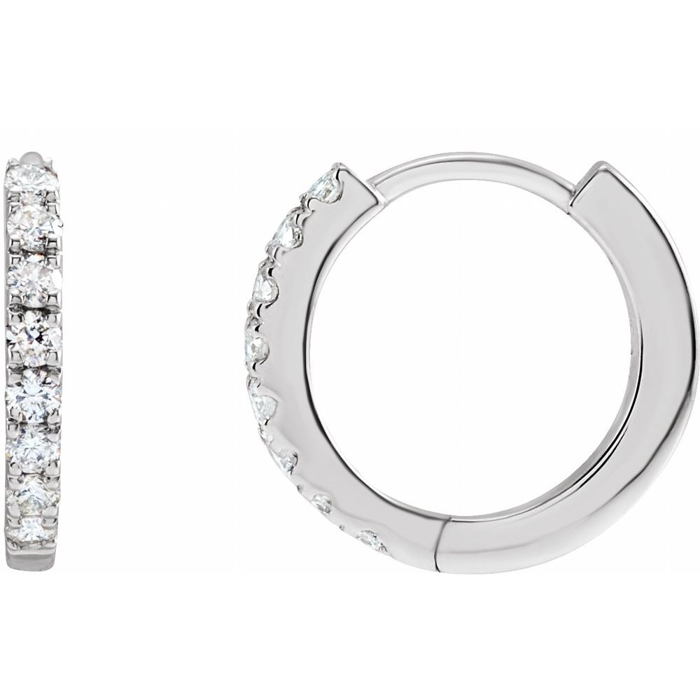 Angle view of 12mm diamond huggie earrings platinum