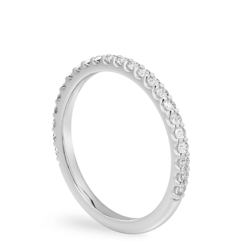 Angle view of diamond wedding band in palladium