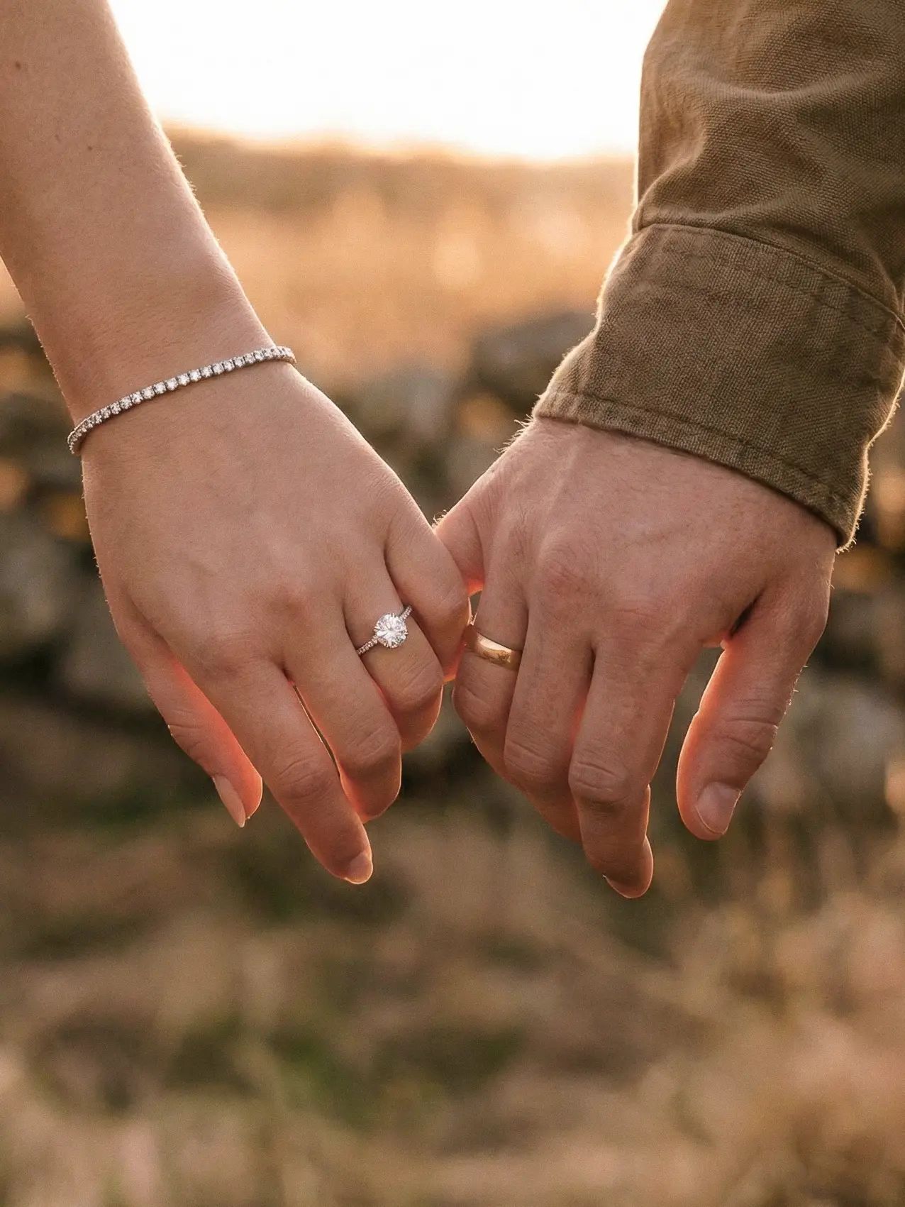 Couple holding hands outdoors with an ethical lab diamond engagement ring