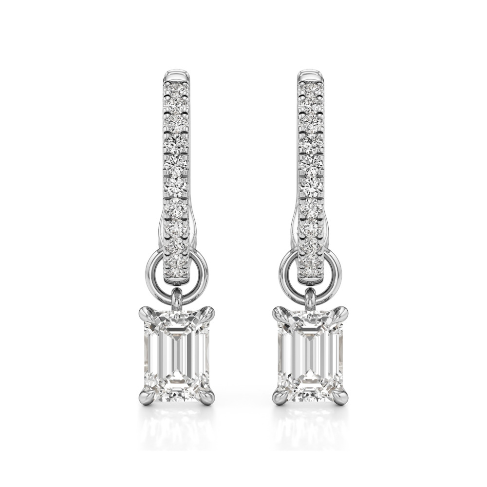emerald cut lab grown diamond charm hoops platinum front emerald cut lab grown diamond charm hoops platinum front