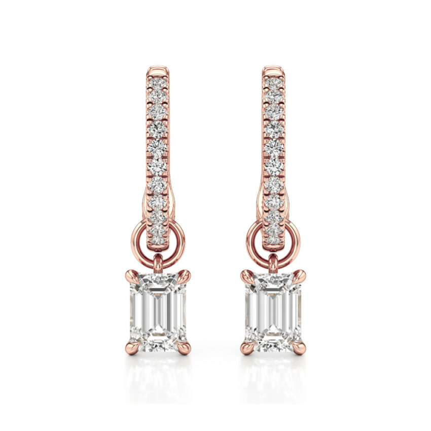 emerald cut lab grown diamond charm hoops rose gold front