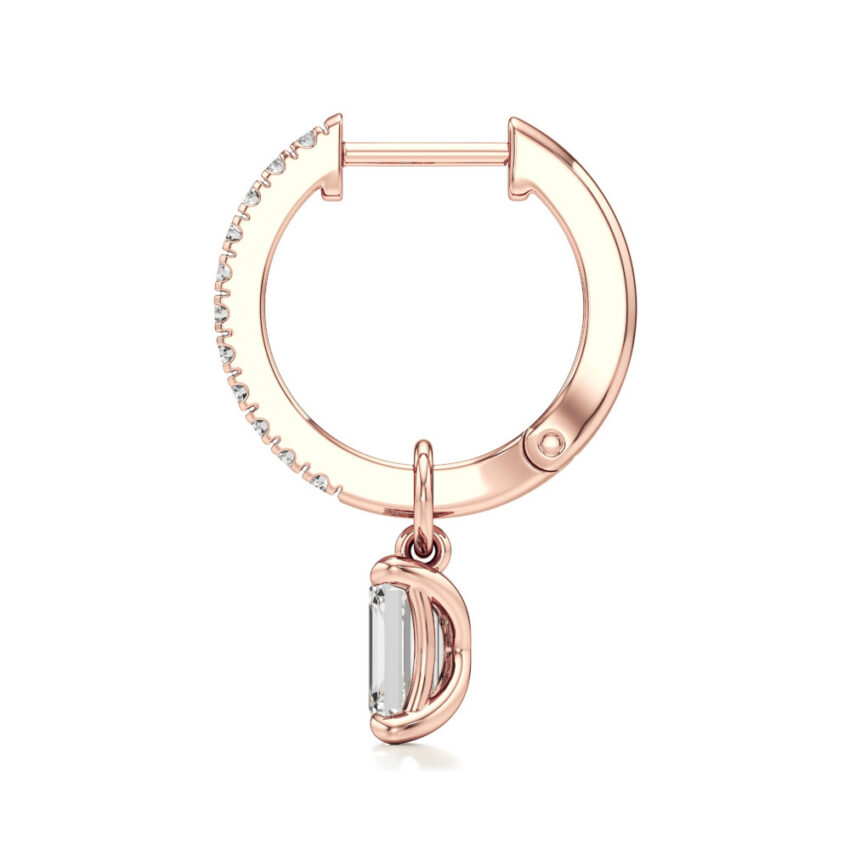 emerald cut lab grown diamond charm hoops rose gold side